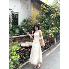 实拍~法式蕾丝提花吊带连衣裙