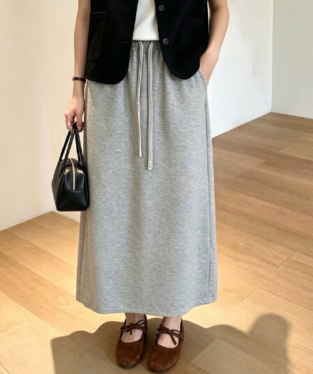 허리밴드 펌프 로프 스트랩 스트레이트 반신 스커트 여성 가을 한국 스타일 루즈핏 캐주얼 다용도 트임 후드티 드레스 롱 스커트