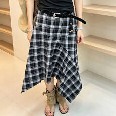 批发复古格纹绿色不规则半身裙女2026<b class='q'>秋</b>季新款高腰百搭A字中长款裙
