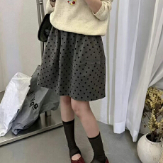 批发2026冬款韩系松紧腰波点毛呢花苞<b class='q'>半身</b>裙女高腰百搭小个子A字<b class='q'>中裙</b>