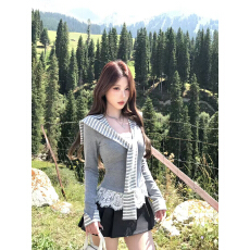 批发Mejiu蜜九【山谷晖恋】辣妹修身条纹坎肩<b class='q'>蕾丝</b>t恤女秋季长袖上衣