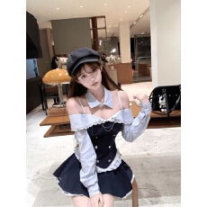 批发韩系早秋学院风jk制服显瘦设计感小众拼接条纹衬衫双层百褶裙套装