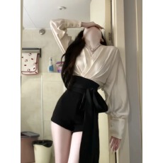 批发套<b class='q'>装</b>女秋季纯欲绑带拼接撞色V领长袖衬衫上衣高腰显瘦黑色短<b class='q'>裤</b>ins