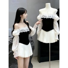 批发韩系蕾丝<b class='q'>拼接</b>一字肩长袖<b class='q'>连衣裙</b>女秋冬新款收腰显瘦a字百褶短裙子