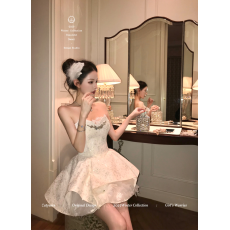 批发Catyears猫年 月色泡芙~重工缎面底蕾丝抹胸蓬蓬吊带裙连衣裙新