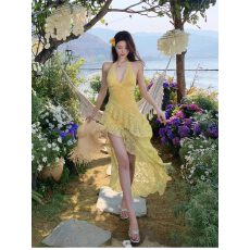 批发纯欲辣妹风前短后长性感挂脖露背<b class='q'>连衣裙</b>海岛绝美蕾丝<b class='q'>荷叶边</b>长裙