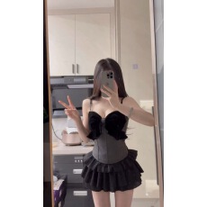 批发法式气质纯欲蝴蝶结吊带上衣女春夏高腰<b class='q'>蓬蓬</b><b class='q'>裙套装</b>