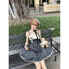 批发法式甜美蕾丝拼接灰色波点<b class='q'>连衣裙</b>女公主收腰蓬蓬裙