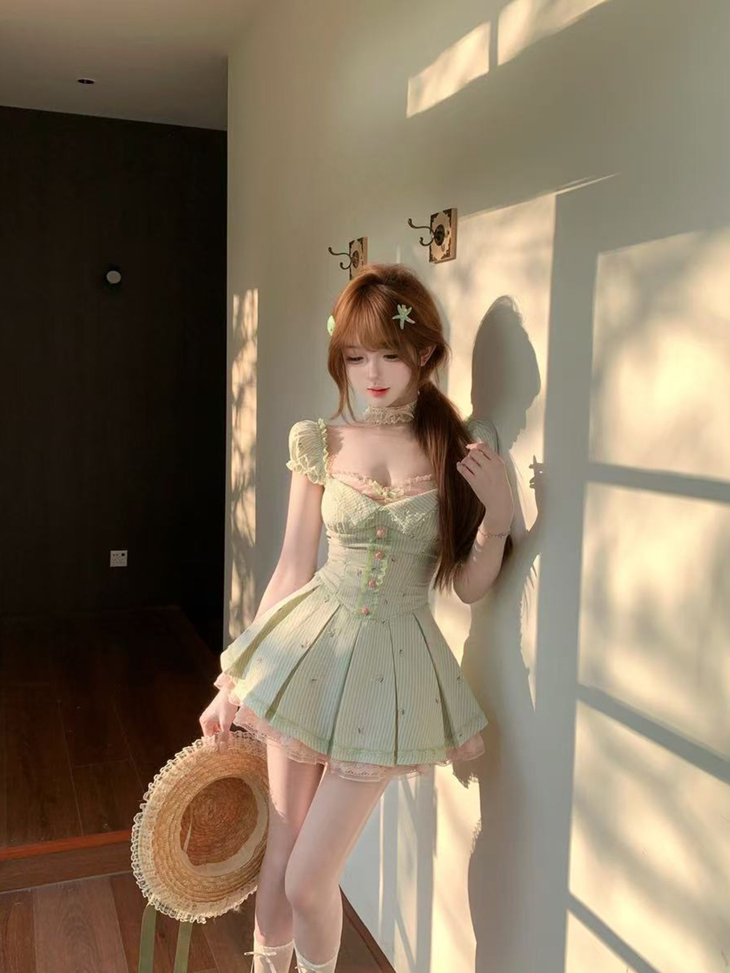 루이 茜 녹색 탄 분말 사쿠라 봄 여름 귀여운 공주 바람 드레스 오픈 가디건 r8569y