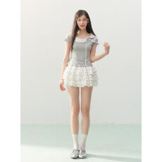 批发ELEVEN SLEEP夏季新款波点领短袖女士小众设计感t恤短款修身上衣