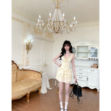 批发SISI JIANG“鎏金芭蕾”优雅气质荷叶边蕾丝鱼骨胸衣芭蕾蛋糕半裙