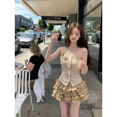 批发法式辣妹小香风挂脖马甲蛋糕裙套装女夏季纯欲风显瘦叠穿两件套