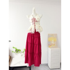 批发SYJ/舒衣家 法式度假风红色挂脖系带上女春高腰显瘦红色长裙套装