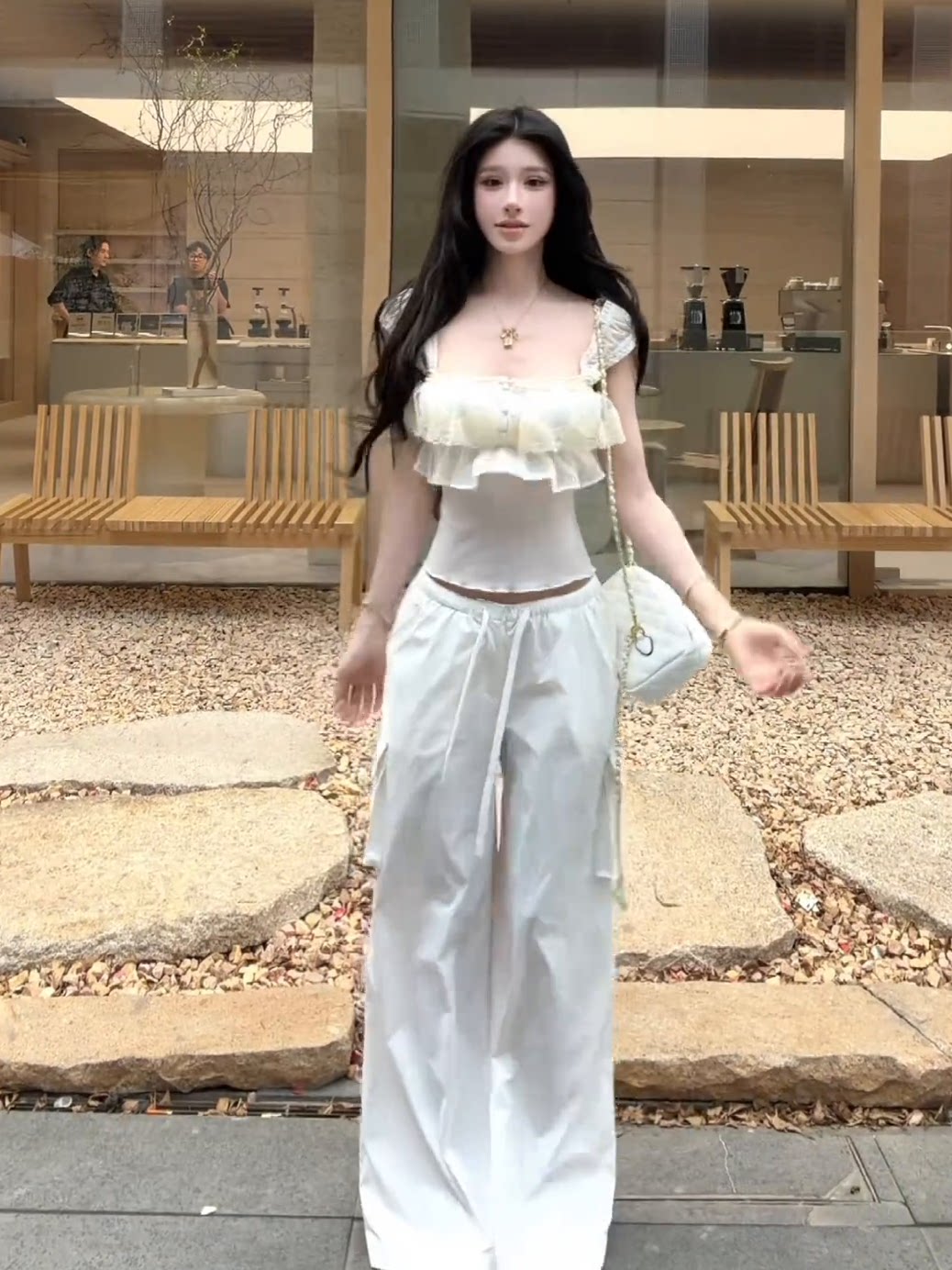 순수한 욕망 바람 여름 세트 여성 외국 가스 연령 감소 맨위 자이언트 잘 생긴 ~ 중 투피스 세트 여름 드레스 새로운 하이웨이스트 와이드 레그 팬츠
