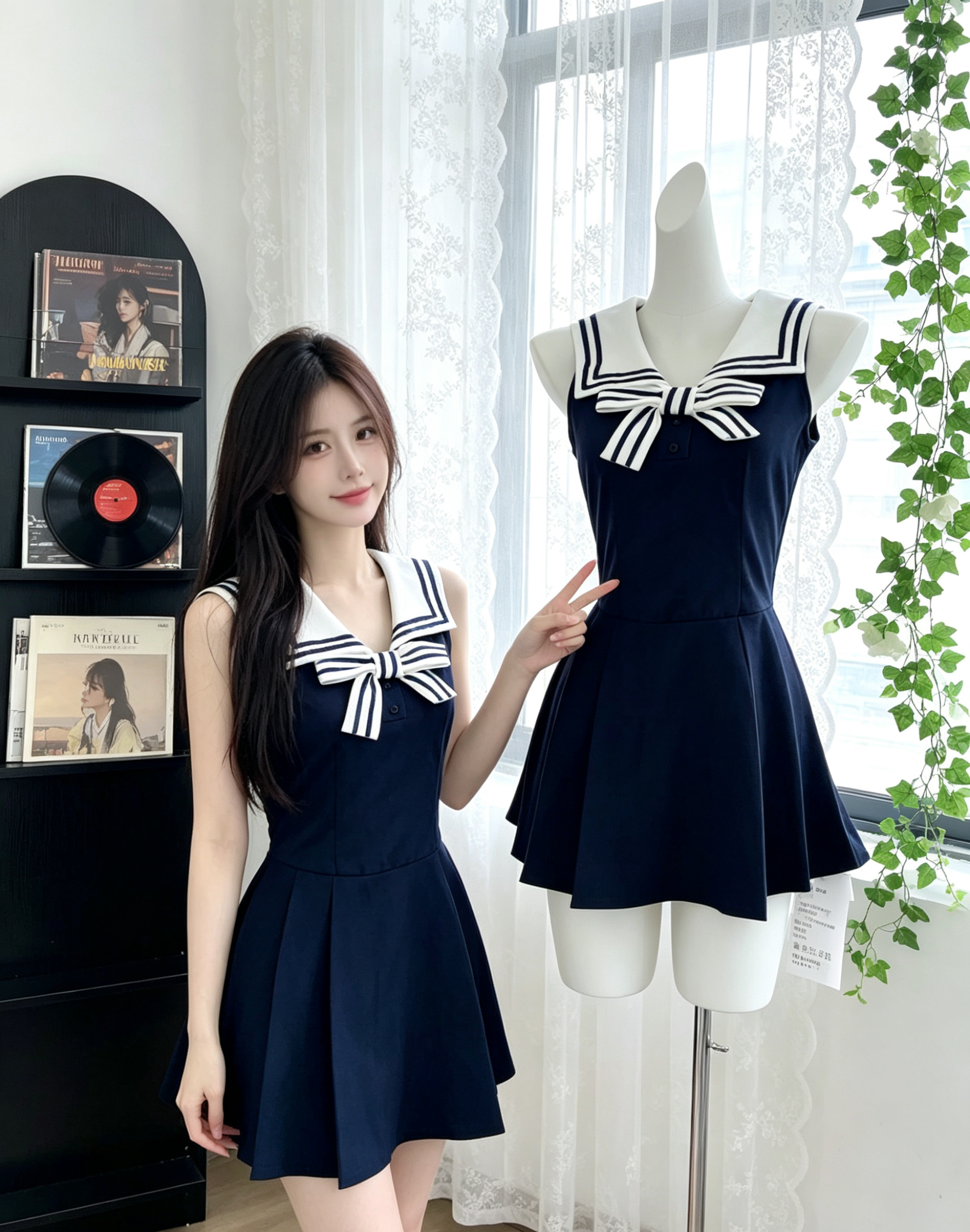 mejiu 꿀 나인 선원 달콤한 라임 달콤함 허리 수축 민소매 학원 여성 드레스 여름 디자인 센스 치마