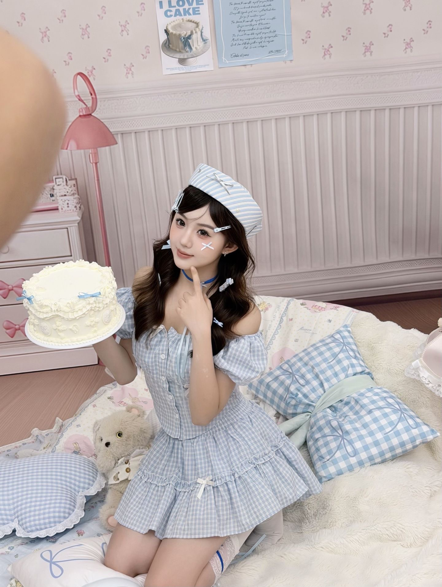 순수한 욕망 연령 감소 작은 청신 체크무늬 나비 매듭 거품 소매 맨위 반신 치마 세트