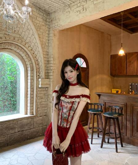 기타 한 작은 물고기 musefish 앨리스 이상한 나라 프랑스식 순수한 욕망 슬립 맨위 슬림해 보이는 케이크 반 스커트 세트