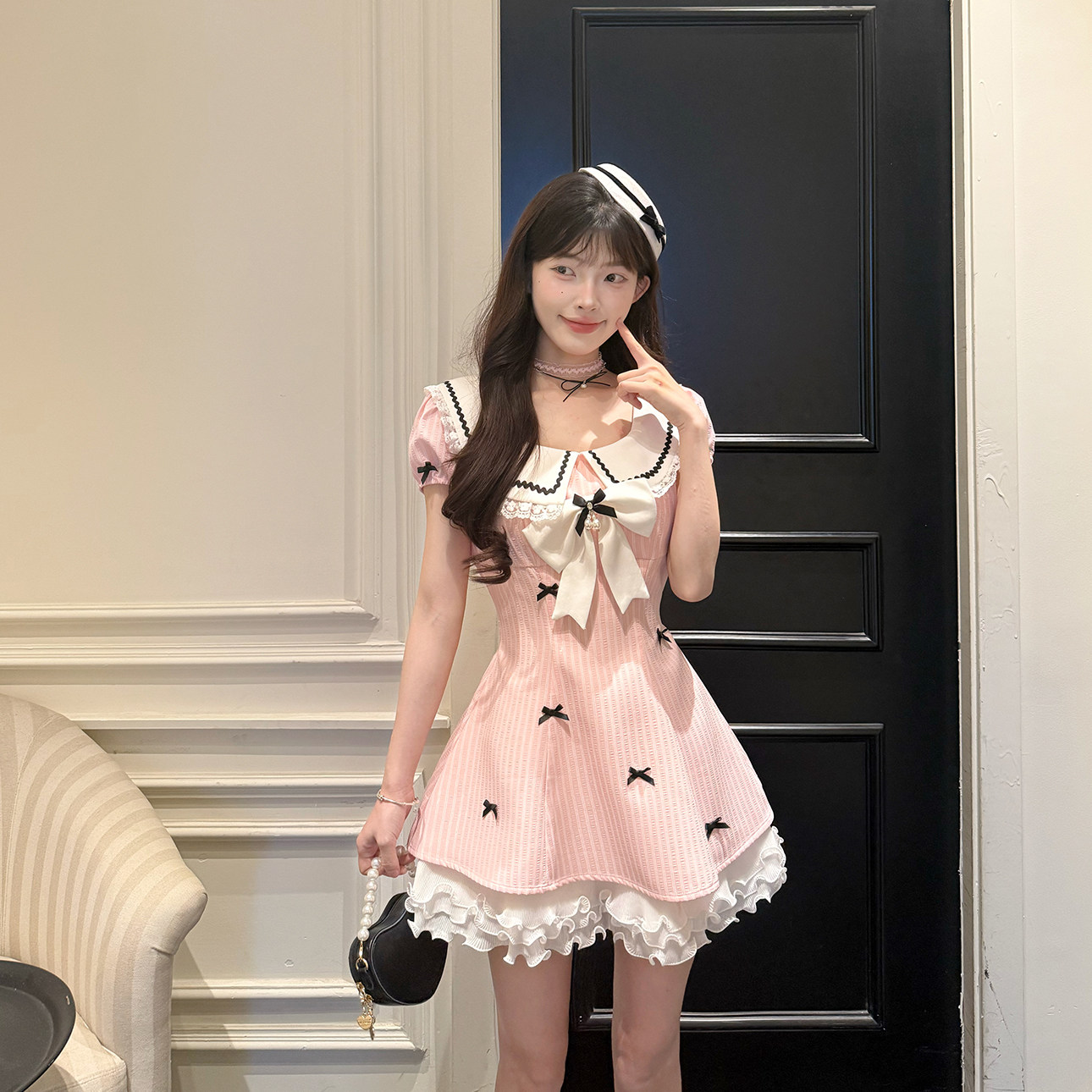 캄파넬라 세과 house 복숭아 꿈 나라 달콤한 스타일 베이비 칼라 거품 소매 학원 스타일 드레스 허리 수축 슬림해 보이는 착용 가져 가라.