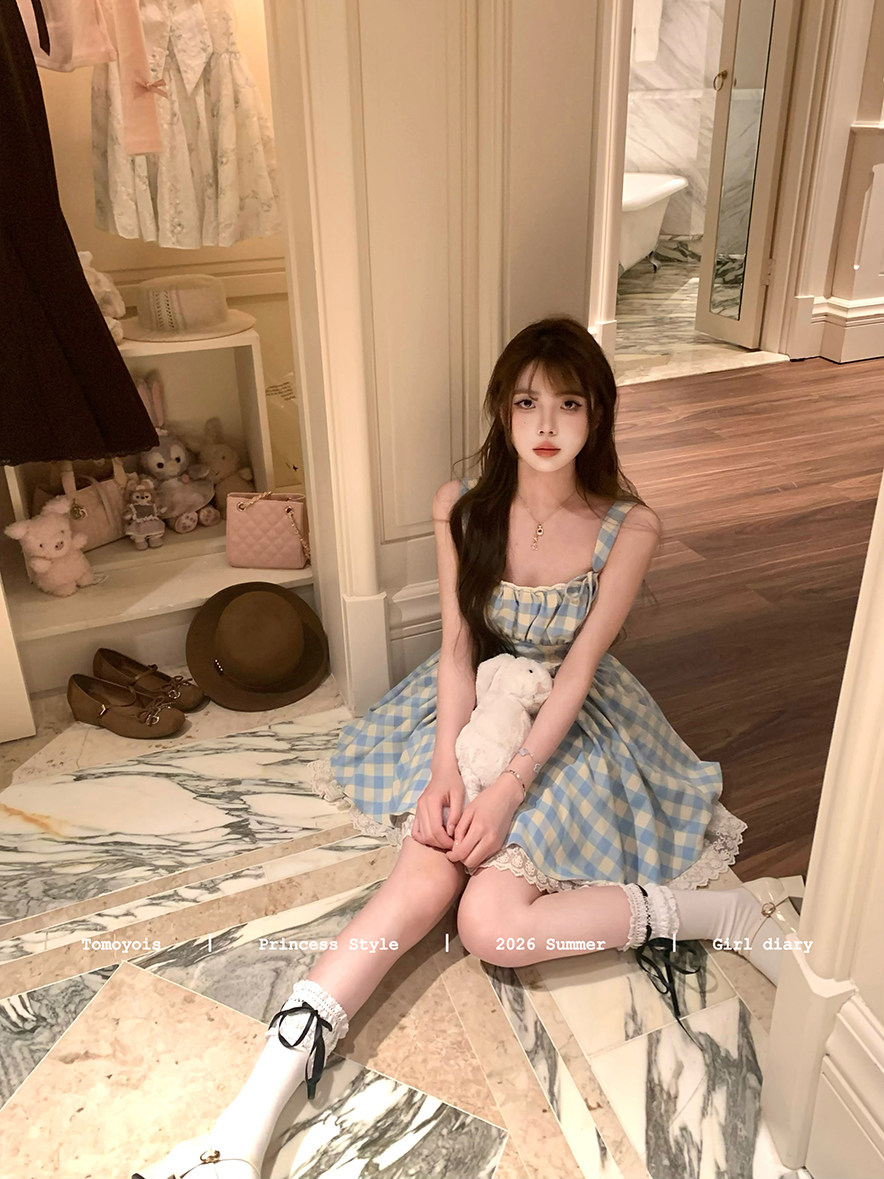 tomoyois 벨 서리 치자 나무 안개 프랑스식 달콤함 블루 그리드 슬립 레이스업 나비 매듭 허리 수축 슬림해 보이는 퍼프 스커트 여름