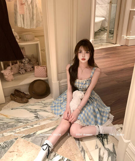 tomoyois 벨 서리 치자 나무 안개 프랑스식 달콤함 블루 그리드 슬립 레이스업 나비 매듭 허리 수축 슬림해 보이는 퍼프 스커트 여름