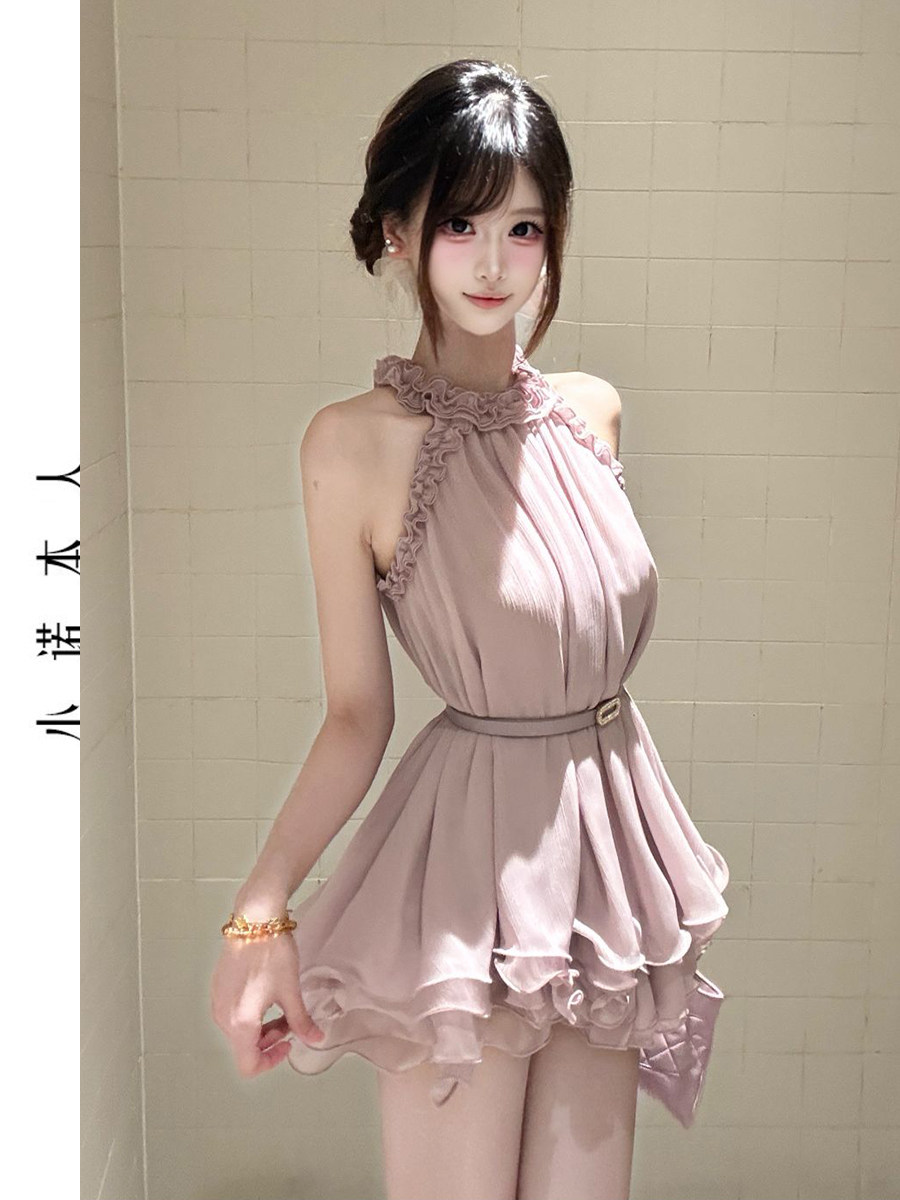 작은 Connaught 나는 행침 목 드레스 민소매 허리 수축 미니 스커트 벨트 디자인 순수한 욕망 바람 퍼프 스커트 260393