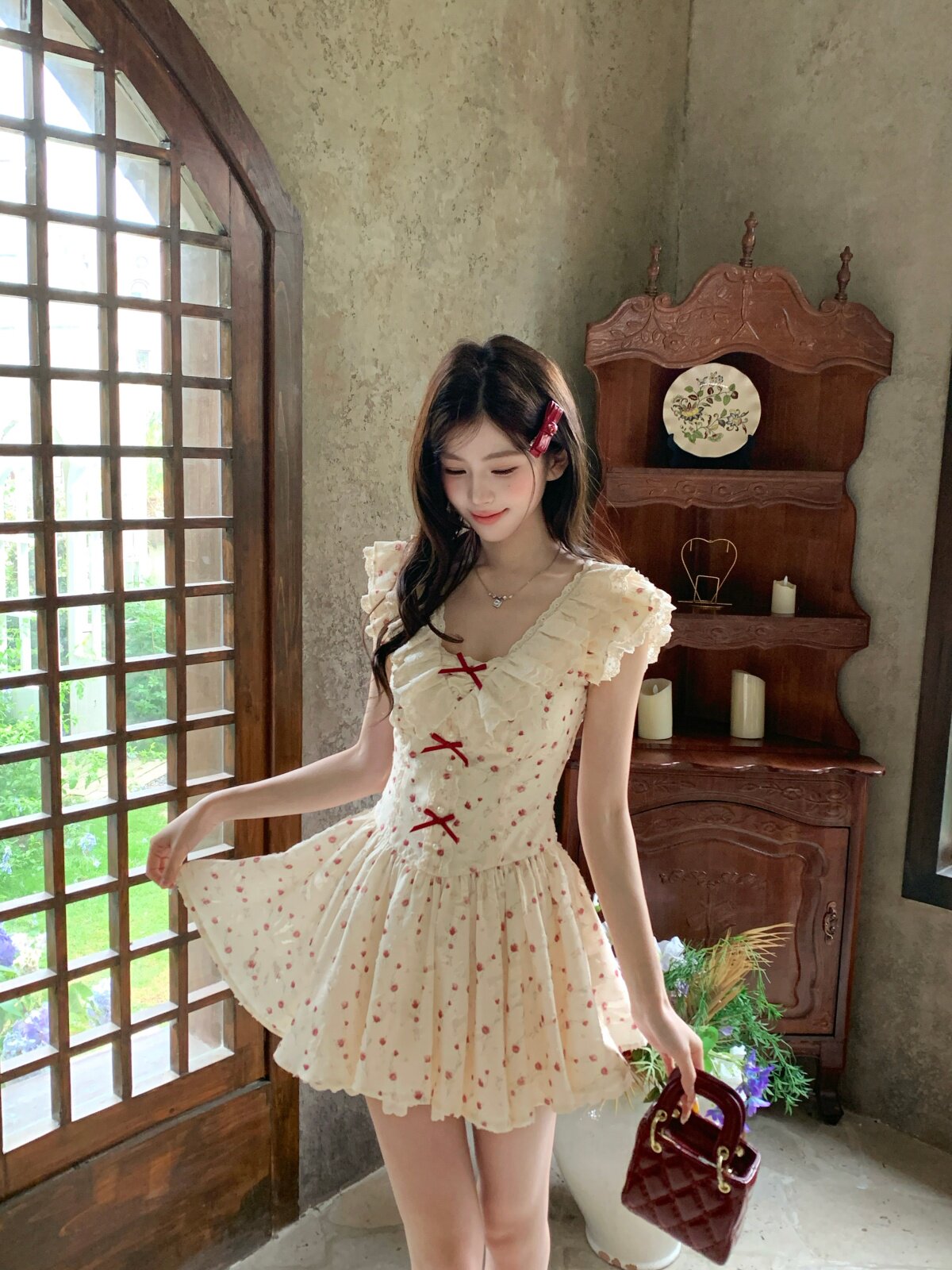 기타 한 작은 물고기 musefish 어제 연애 편지 프랑스식 소녀 꽃무늬 공주 드레스 슬림해 보이는 퍼프 여성 드레스