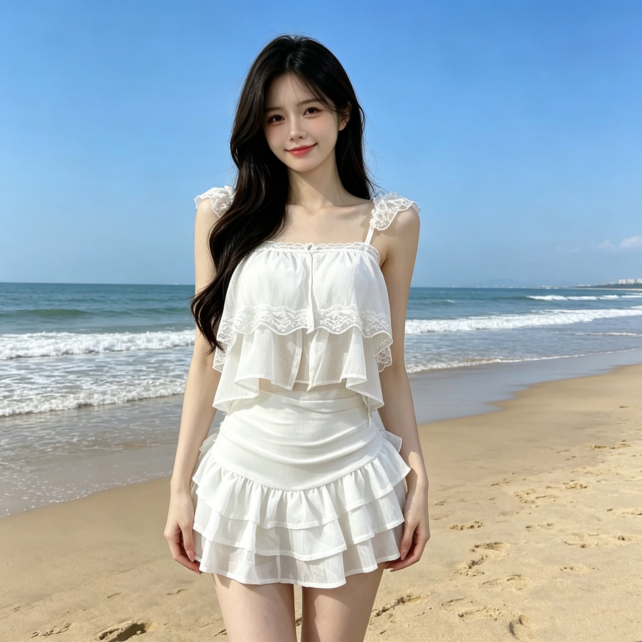 okmashop 쉬운 꿈 링 같은 단락 휴가 쉬폰 세트 여성 여름 순수한 욕망 맨위 반신 스커트 투피스 세트