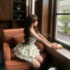 批发【旧梦信时】法式复古黑白波点吊带<b class='q'>连衣裙</b>花边肩带短裙