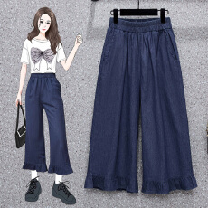 批发实拍2026夏季薄款大码牛仔裤八分裤荷叶边脚口高腰显瘦阔腿裤