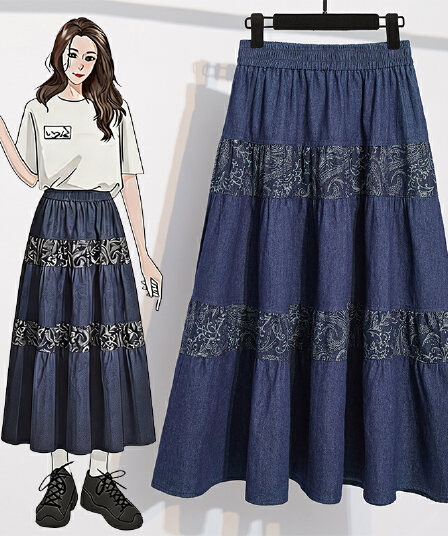 실사 빅 사이즈 지방 mm 데님 반신 스커트 단어 한 마디 우산 치마 중간 길이 무릎 아래 루즈핏 하이웨이스트 프린트 롱 스커트