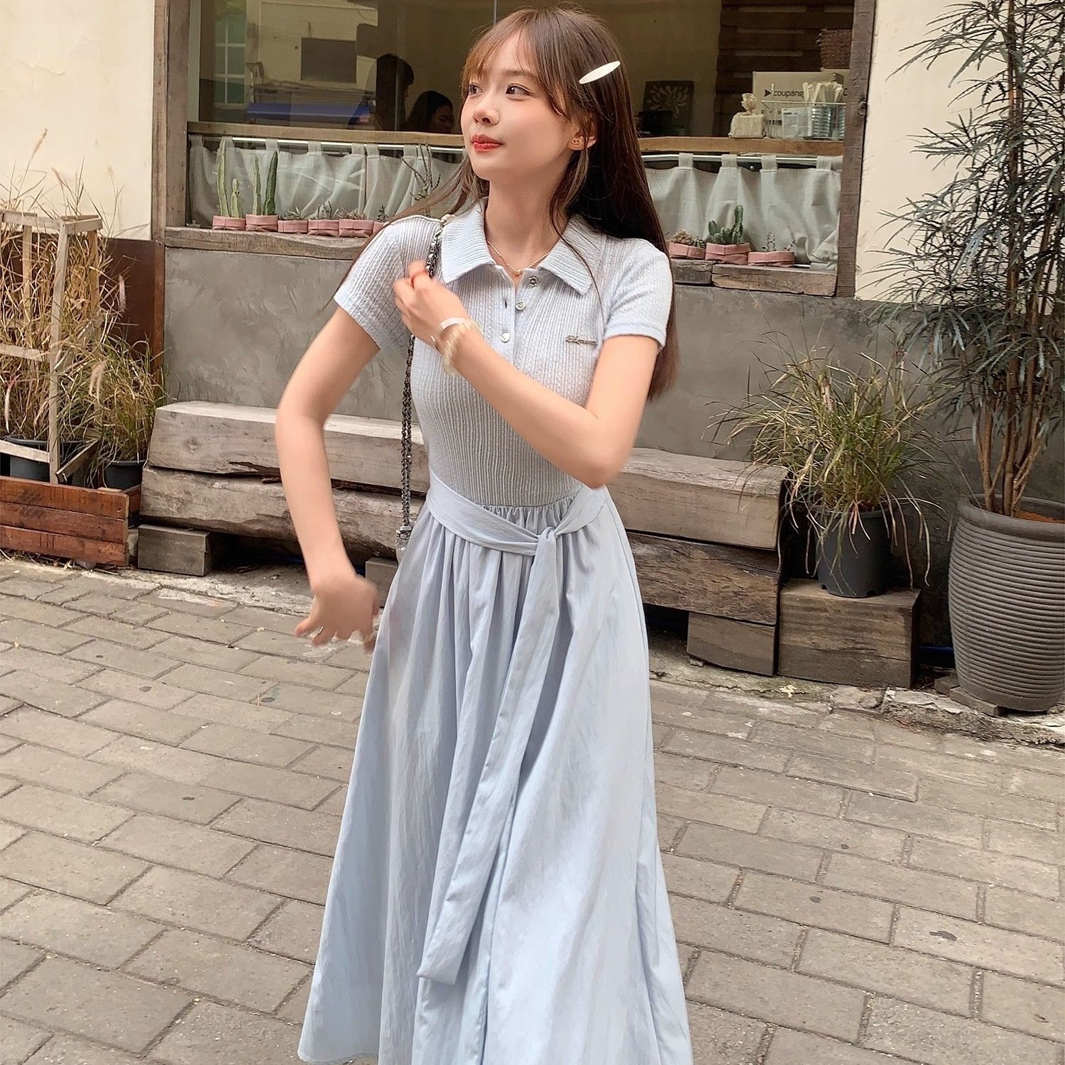 MY9638# 切糕***小个子女夏季气质设计感独特漂亮连衣裙蓝色大方短袖裙子女裝貨源服裝批發