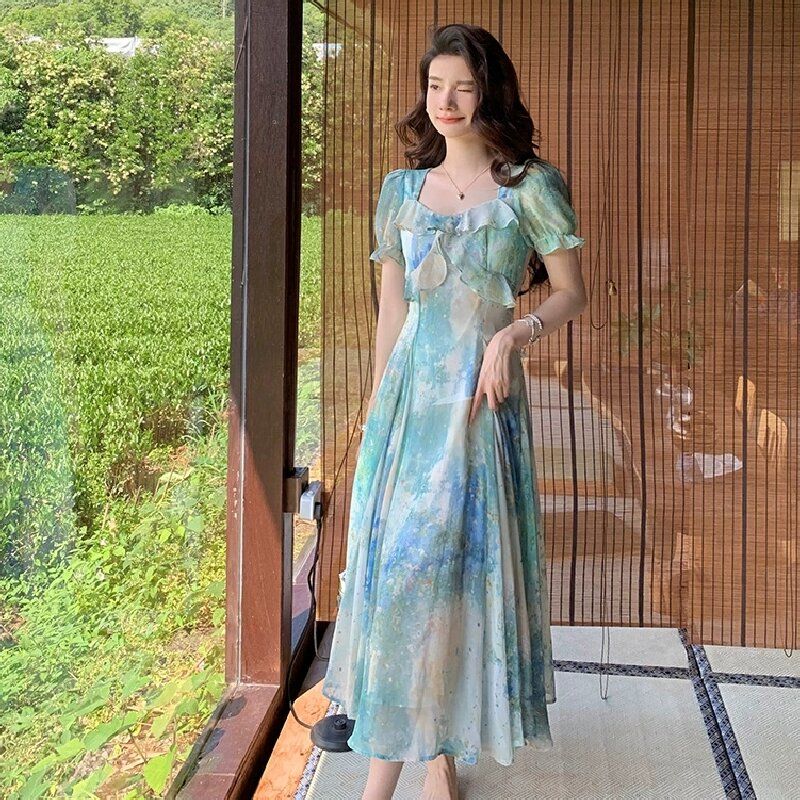 MY9636# 法式绿色碎花连衣裙夏季温柔风气质甜美荷叶边设计感海边沙滩长裙女裝貨源服裝批發