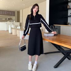 批发大码女装微胖polo领假两件长袖<b class='q'>连衣裙</b>显瘦遮肚胖MM藏肉中长裙