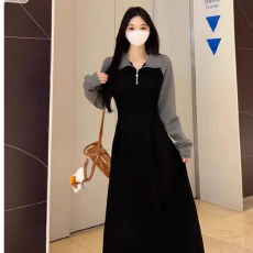 批发法式polo领长袖连衣裙秋冬大码胖妹妹设计感显瘦过膝卫衣长裙
