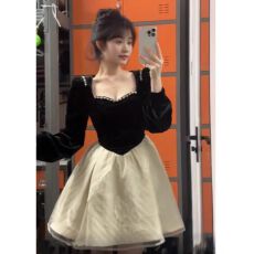 批发黑色拼接方领<b class='q'>连衣裙</b>子女春季高级感气质公主<b class='q'>蓬蓬裙</b>收腰小个子短裙