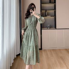 批发欧美港风韩国chic<b class='q'>荷叶边</b>纯色长裙女休闲设计感边长袖泡泡袖<b class='q'>连衣裙</b>