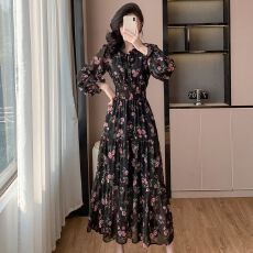 批发欧美港风韩国chic<b class='q'>荷叶边</b>纯色长裙女休闲设计感边长袖泡泡袖<b class='q'>连衣裙</b>