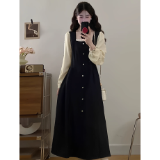 大码女装法式气质假两件拼接长袖连衣裙胖mm遮肚子藏肉显瘦小黑裙