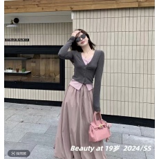 批发2025秋装新款胖mm大码女拼接修身长袖<b class='q'>上衣</b>半身裙两件套装