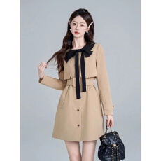 批发设计感蝴蝶结风衣女a字中长款赫本风收腰显瘦气质外套女连衣裙子