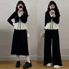 批发韩系慵懒风时尚套<b class='q'>装</b>女2025春秋新款蕾丝绑带长袖<b class='q'>衬衫</b>阔腿<b class='q'>裤</b><b class='q'>两件套</b>