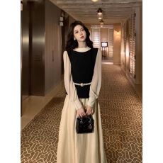 批发2025假两件拼接长袖上衣撞色<b class='q'>雪纺</b><b class='q'>衫</b>垂感半身裙<b class='q'>套装</b>早秋