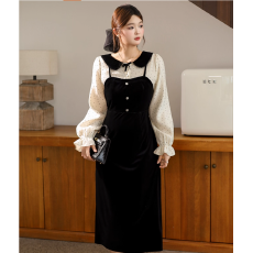 批发<b class='q'>大码</b>女装微胖mm冬季温柔假两件收腰波点丝绒连衣裙