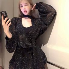 批发法式波点v领长袖雪纺连衣裙女<b class='q'>夏季</b>大码胖mm设计感别致收腰a字短裙