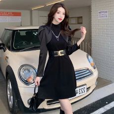 批发小个子短裙春秋休闲装<b class='q'>黑色</b>气质修身连衣裙新款长袖收腰显瘦裙子
