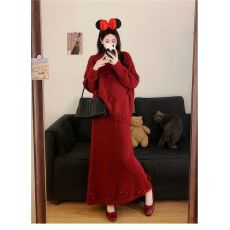 批发巨好看的圆领<b class='q'>长</b>袖针织裙女秋冬季新款加厚宽松蝴蝶结拼接连衣<b class='q'>裙子</b>