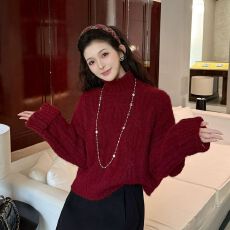 批发高领纯色麻花毛衣女秋冬慵懒风长袖针织衫