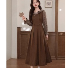 批发<b class='q'>大码</b>2026春秋法式假两件格纹长袖<b class='q'>连衣裙</b>女秋设计感棕色复古长裙