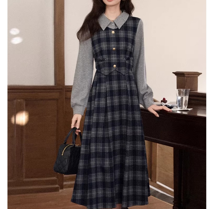 빅 사이즈 2026 봄 가을 지방 mm 학원 스타일 페이크 레이어드 회색 여성 드레스 가을 겨울 자이언트 슬림해 보이는 치마