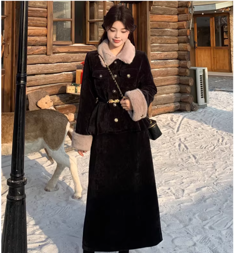 빅 사이즈 지방 mm 고급 센스 세련된 투피스 세트 모피 패치워크 슬림해 보이는 긴팔 여성 코트 가을 겨울 품격 반신 스커트